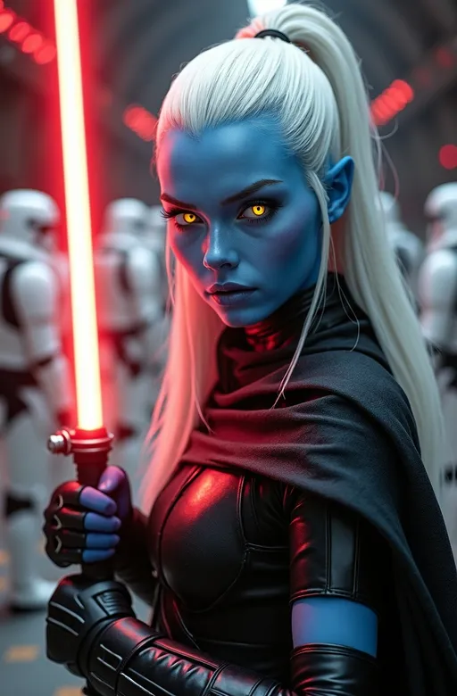 Prompt: Beautiful young blue-skinned alien woman, long chalk white hair, vivid luminous yellow eyes, black Sith Lord robes, black leather bodysuit, armored leggings and boots, holding glowing red lightsaber, Star Wars hangar bay with white clad Storm Troopers in background, detailed, dynamic aggressive stance, lightsaber held high & ready to strike, cinematic lighting, high-res photography, realistic, intricate details, intense gaze, sci-fi, vibrant colors, dramatic, professional lighting