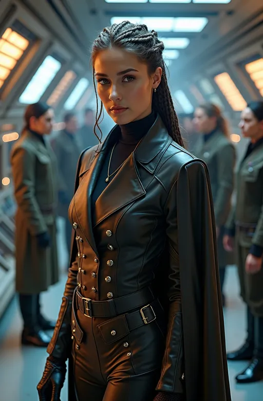 Prompt: photorealistic (beautiful) woman in a (Star Wars style detailed ceremonial high-ranking military suit), (buttoned coat), (futuristic leather boots), a (gorgeous face) showcasing (detailed features) with (braided hair), in an (elegant pose), emanating (imposing) presence with a (radiant charm), surrounded by (lighted displays and monitors), set against a (sci-fi starship bridge) crowded with (uniformed personnel), ultra-detailed, high-quality, 8k, cinematic photo.