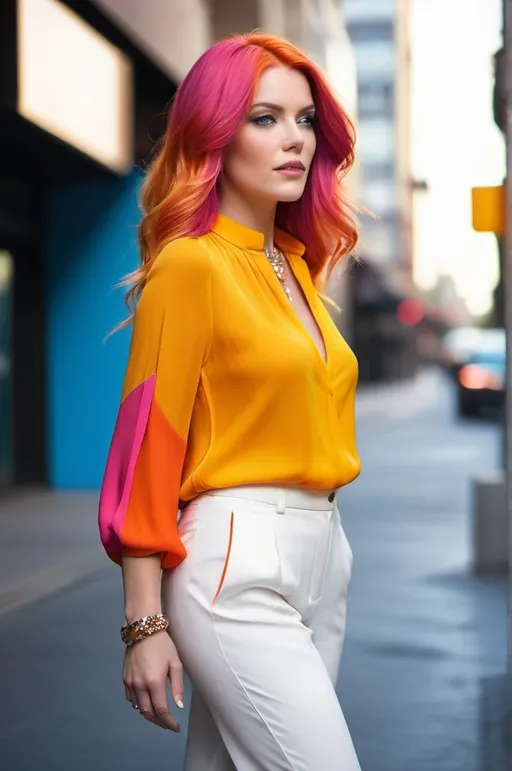 Prompt: (fashion model in yellow and orange color-block blouse), white linen slacks, white sandals, long (magenta-orange tinted hair), vibrant (blue eyes), beautiful diamond-shaped face, profile pose, high-res, professional photo, professional lighting, ultra-detailed, cool and chic atmosphere, silky-smooth textures, exquisite fabric detailing, glowing spotless skin, flawless makeup, modern cityscape background, dynamic composition, sharp focus, striking visual contrast, 4K quality.