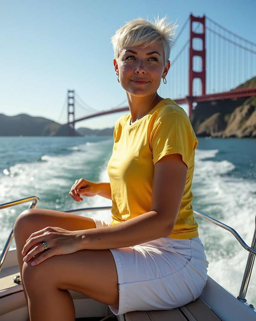 Prompt: Beautiful curvy athletic fit California woman with short silver-blonde hair & blue eyes, wearing a yellow tee shirt & white shorts & canvas sneakers, sailing a boat on San Francisco Bay, Golden Gate Bridge in background, sunny, sea spray, dynamic, 8k, high detail & quality, pro action photo.