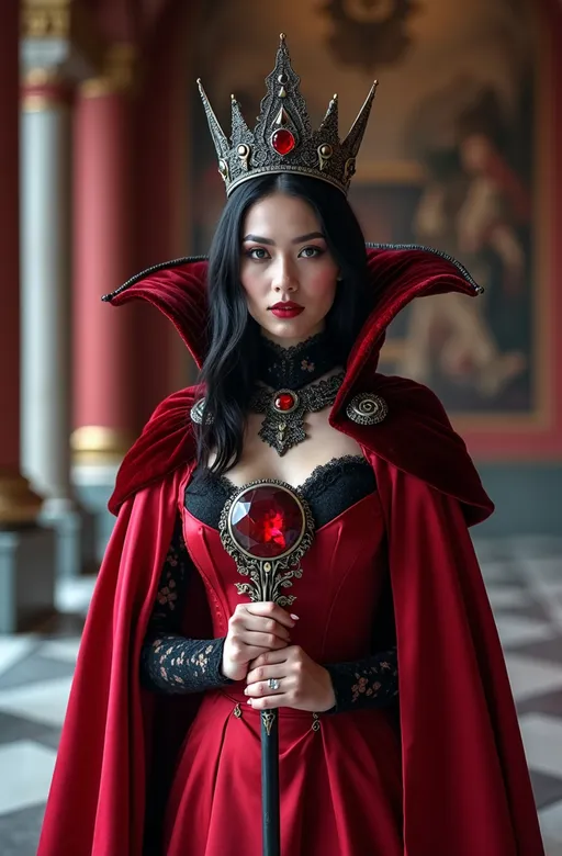 Prompt: Cinematic photo of Beautiful Red Queen, elegant (red silk gown) with high collar, black lace bodice, and (red velvet cape), intricate (black iron and ruby crown), stunning (pale skin), (jet black hair), striking (blue eyes), intense gaze and cunning smile, standing proudly, showcasing her curvy buxom figure, in a grand red and white (marble throne room) adorned with (maroon banners) and (tapestries), holding an ornate silver and black scepter with a huge glowing ruby gemstone (pulsing with magic energy), high detail & quality, (8k resolution), beautifully illuminated, highlighting her flawless diamond shaped face and piercing eyes, capturing her confidence grace and power, dramatic atmosphere, regal ambiance.