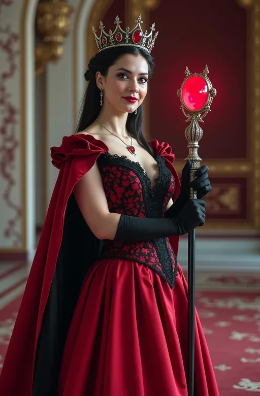 Prompt: Cinematic photo of Beautiful Red Queen, elegant (red silk gown) with high collar, black lace bodice, and (red velvet cape), intricate (black iron and ruby crown), stunning (pale skin), (jet black hair), striking (blue eyes), intense gaze and confident smile, standing proudly, showcasing her curvy buxom figure, in a grand red and white (marble throne room) adorned with (maroon banners) and (tapestries), holding an ornate silver and black scepter with a huge glowing ruby gemstone (pulsing with magic energy), high detail & quality, (8k resolution), beautifully illuminated, highlighting her flawless diamond shaped face and piercing eyes, capturing her confidence grace and power, dramatic atmosphere, regal ambiance.