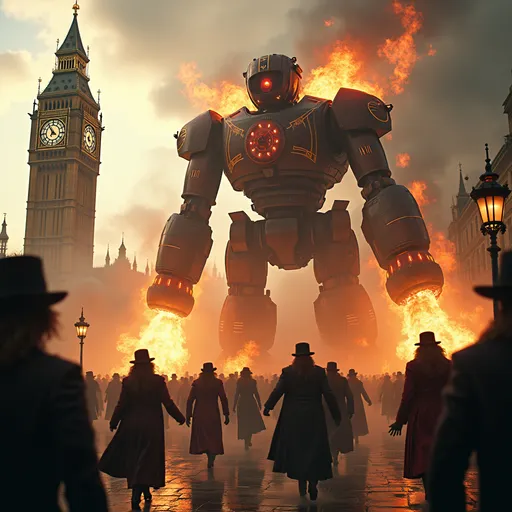 Prompt: (Terror stricken people), Victorian clothes, fleeing from (a giant steampunk robot), causing great destruction in Victorian London, (Big Ben burning), enveloped in smoke and flames, arcing beams of destructive electricity, panicked faces in the foreground, (high detail, 8K), photorealistic, cinematic lighting, dramatic sunlight piercing through the chaos, sense of urgency and dread, chaotic atmosphere, intricate textures and elements, dynamic composition.