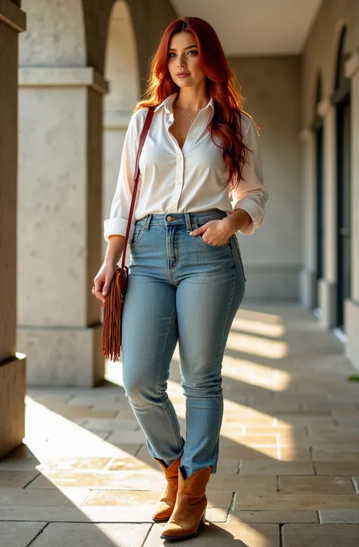 Prompt: Beautiful curvy but trim woman, (gorgeous diamond face), white blouse, high waisted light-blue boot-cut denim jeans, light brown cowboy boots, suede fringe shoulder bag, long red-chestnut hair, green eyes, (standing under a modern portico), (sunny day), soft reflections on wet surfaces, moody ambiance, vibrant colors, high detail & quality, 8K, (photorealistic) pro photo, magical atmosphere.