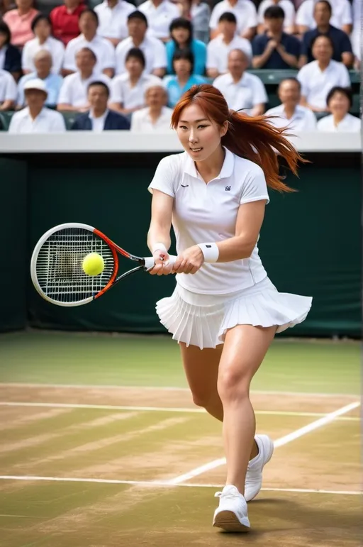 Prompt: Beautiful Japanese woman playing tennis in a crowded stadium, (flawless round face), (long flowing auburn-red hair), wearing white athletic top, pleated tennis skirt, tennis shoes, daylight, professional sports photo, fluid dynamic movement, athletic event, vibrant colors, energetic atmosphere, (high-res), cinematic quality, detailed audience background, ultra-detailed, 4K.