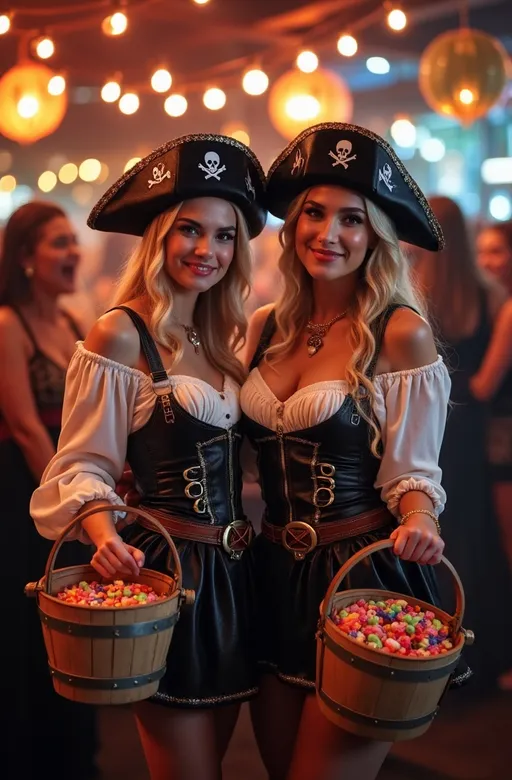 Prompt: two beautiful blonde college girls in (elaborate pirate wench costumes), (curvy physique), carrying wooden buckets filled with candy, (lively crowded bar), (trick or treat party vibe), vibrant colors, cozy ambiance, festive atmosphere, (high detail) & quality, (8K) resolution, (photorealistic), (professional lighting), dynamic composition, Halloween decorations, joyful expressions, playful interaction with partygoers.