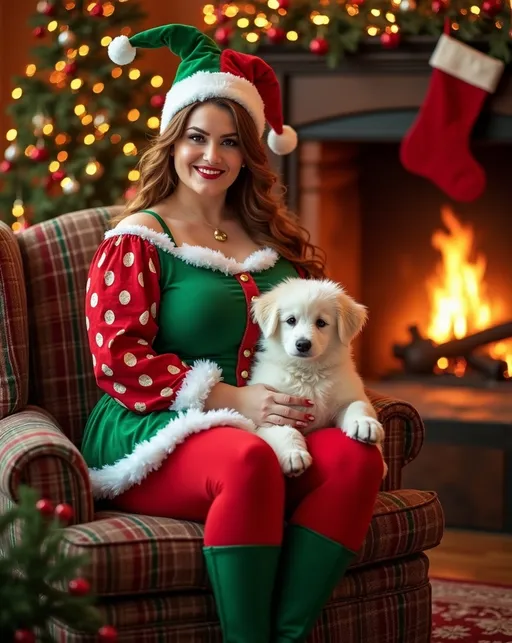 Prompt: Christmas costumed Court Jester woman, (vibrant) (green & red harlequin patterned) vest blouse & skirt, red tights, green boots, beautiful curvy plump young woman with gorgeous face details, cinnamon-blonde hair, Santa hat with white trim. Sitting in (cozy) Christmas decorated parlor, (adorable fluffy white puppy in her lap), stockings adorning the fireplace mantle, (warm holiday ambiance), bright warm golden lights illuminating the scene, surrounded by festive decor, well lit (photorealistic postcard style), ultra-detailed, 8k resolution, evoking a cheerful holiday spirit, inviting imagery celebrating the festive season.