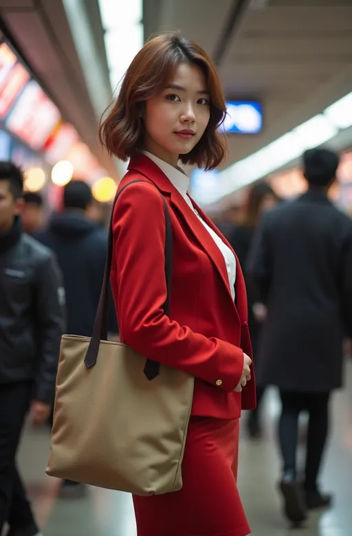 Prompt: (photorealistic) Beautiful elegant young Japanese woman, flawless round face, chic bob style chestnut hair, curvy figure emphasis, sophisticated outfit: red blazer & pencil skirt, white blouse, black fashion boots, khaki canvas tote bag, crowded Tokyo train station, vivid atmosphere, hustle and bustle, neon lights reflecting, intricate details in the background, high detail & quality, 8K resolution, professional photography, vibrant energy.