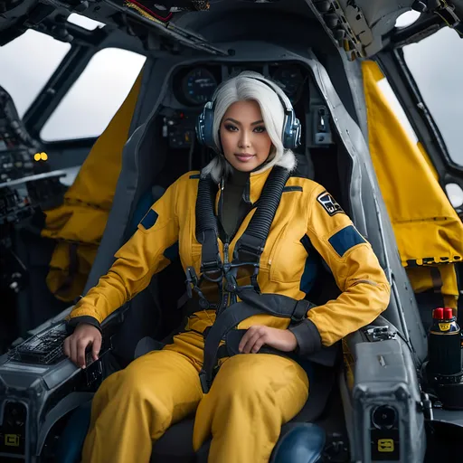 Prompt: <mymodel> japanese woman, white hair, perfect face, wearing a blue & yellow flightsuit, black high tech headset, highly detailed, 8K photo,  sitting in the cockpit of a sleek gray single seat space fighter, open canopy, busy hanger deck, many crew working, sci-fi, cinematic, military, futuristic