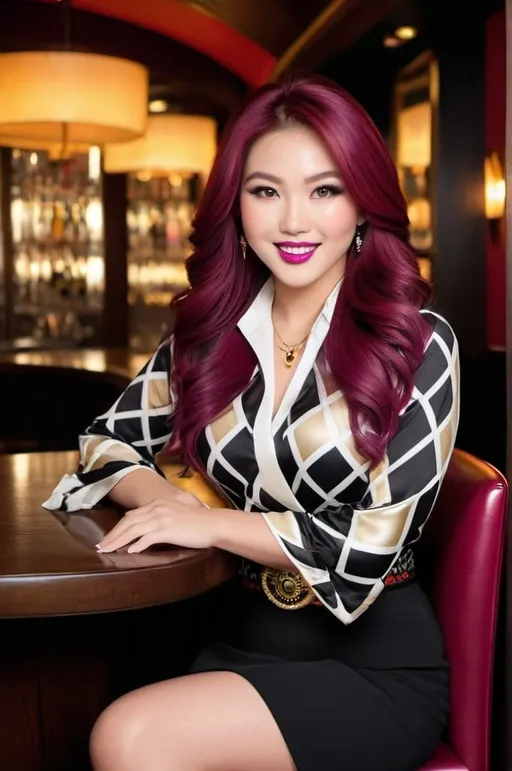 Prompt: Stunningly beautiful Japanese woman, age 21, vibrant gray eyes, long auburn-magenta hair, arched eyebrows, prominent cheekbones, plum makeup, gold & diamond jewelry, warm smile, flawless face, black & white harlequin pattern blouse, curvaceous bosomy figure, black belt, black skirt, black boots, sitting on a stool in an upscale bar, professional pose, luxury setting, pro lighting, sharp focus, high-res, pro photo