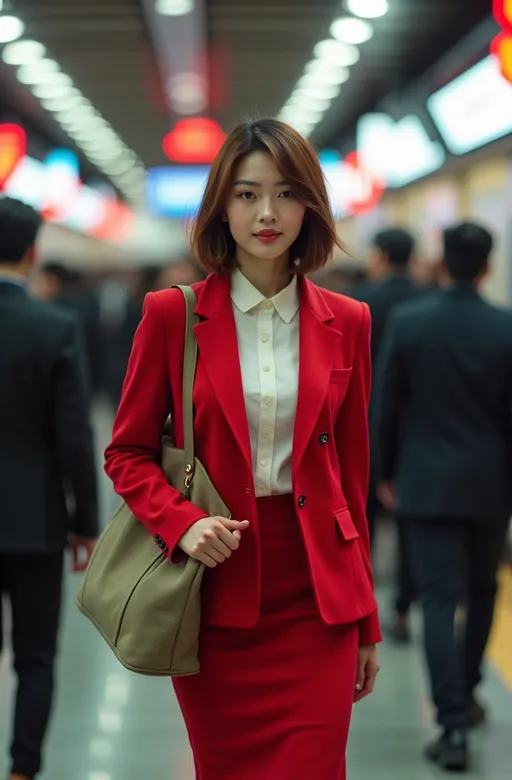 Prompt: (photorealistic) Beautiful elegant young Japanese woman, flawless round face, chic short bob style chestnut hair, curvy figure emphasis, sophisticated outfit: red blazer & pencil skirt, white blouse, black fashion boots, khaki canvas tote bag, crowded Tokyo train station, vivid atmosphere, hustle and bustle, neon lights reflecting, intricate details in the background, high detail & quality, 8K resolution, professional photography, vibrant energy.