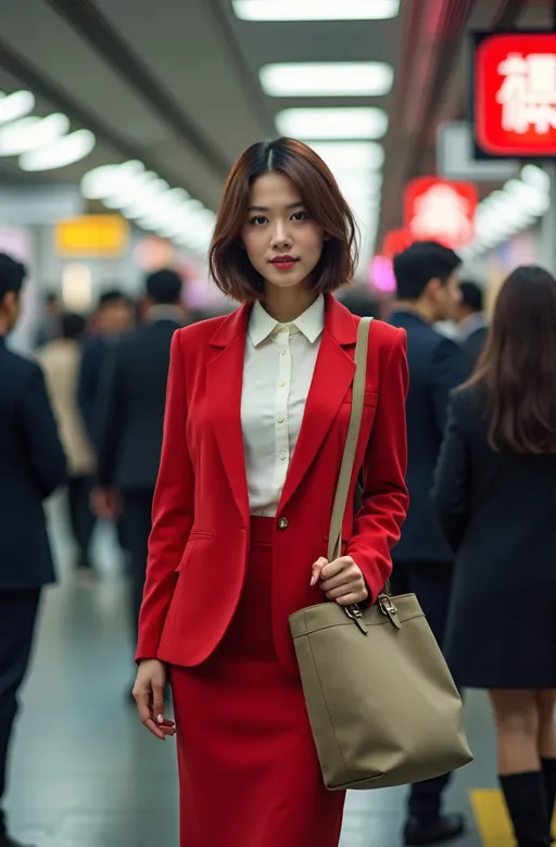 Prompt: (photorealistic) Beautiful elegant young Japanese woman, flawless round face, chic short bob style chestnut hair, curvy figure emphasis, sophisticated outfit: red blazer & pencil skirt, white blouse, black fashion boots, khaki canvas tote bag, crowded Tokyo train station, vivid atmosphere, hustle and bustle, neon lights reflecting, intricate details in the background, high detail & quality, 8K resolution, professional photography, vibrant energy.