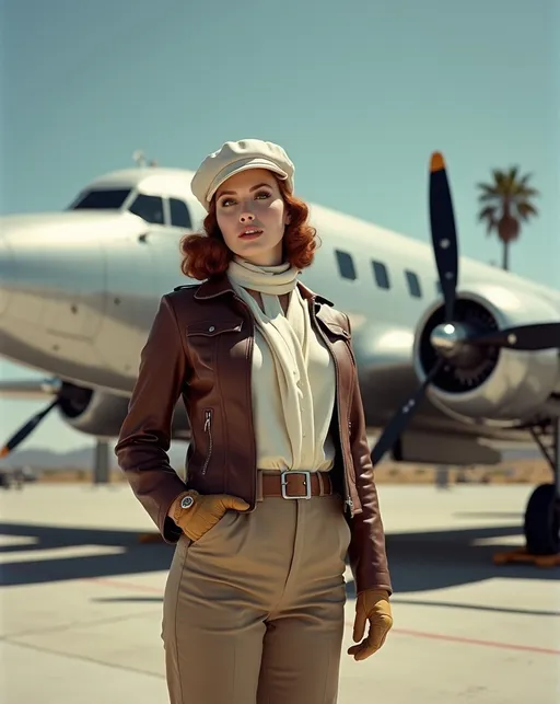 Prompt: Staged publicity photo, Stunningly beautiful (famed aviatrix Skye Weatherly), standing confidently at the Burbank Airport in front of a silver metallic Douglas DC-3. Her buxom curvy figure is showcased in a (brown leather pilot's jacket), (white silk blouse), (khaki slacks), and (tan leather boots & gloves), a jauntily worn (white beret & scarf) contrasts against her silky Auburn hair. Burbank airport on a (sunny California day), vibrant blue skies, palm trees gently swaying in the background, 8K resolution, ultra-detailed, high-quality image, capturing the essence of 1930s adventure and resilience.