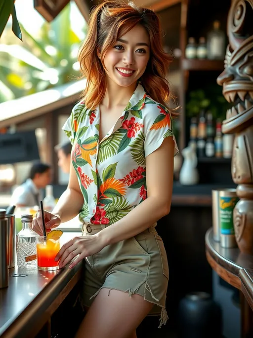 Prompt: Beautiful (Japanese) bartender girl, age 25, silky auburn hair, (vibrant green eyes), (plump diamond face), (arched eyebrows), (upturned button nose), (soft chin), (frosty earth-tone makeup), (buxom curvaceous figure), wearing colorful tropical print blouse, khaki city shorts, sneakers, standing at the bar mixing tropical drinks, natural sunny lighting, high-res, pro photo, happy expression, dynamic atmosphere, outdoor (tropical tiki bar), dark woods and carved tiki details, spotlight her classically beautiful face.