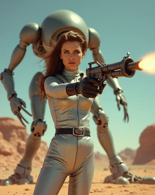 Prompt: (Beautiful retro futuristic sci-fi astronaut woman), wearing a (metallic silver space suit) with black leather belt and boots and a (silver helmet with open visor), holding a Buck Rogers style ray-gun, features a (gorgeous golden-ratio face), striking (green eyes), (chestnut hair), standing on a colorful alien planet, shooting her ray-gun at a massive alien robot creature, (well lit) with (high detail) portrayal, emphasizing her curvaceous physique, (8K resolution) and a (cinematic atmosphere) for an extraordinary visual experience.