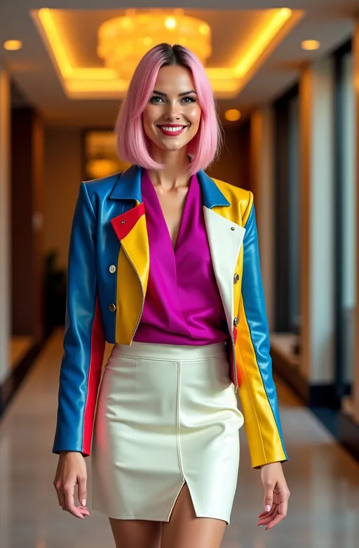 Prompt: Beautiful elegant tall curvy woman, (piercing blue eyes), (chic bob-cut yellow-pink-magenta hair), (gorgeous square face), (happy smile), (short Mondrian Cubism pattern leather jacket), fuchsia blouse, cream skirt with thigh slit, long legs, heels, (luxe lobby), (well lit ambiance), (high detail & quality), (8K resolution), (photorealistic), (professional photography), vibrant colors, luxurious atmosphere, cinematic depth.