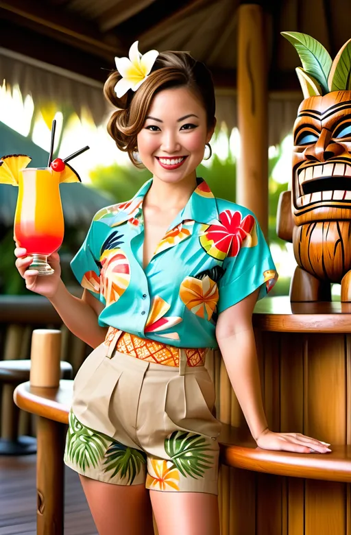 Prompt: (breathtaking Japanese cocktail waitress), mixing vibrant colorful drinks, (tropical tiki bar), sunny outdoor setting, finely carved wooden tikis, lively tiki decorations, creatively arranged tiki mugs, dressed in a tropical print blouse, khaki shorts, stylish sandals, hair styled in an updo, auburn hair with sunlit glints, smiling with a flawless round face, capture her full slightly paunchy figure, bright and cheerful ambiance, (photorealistic, high-res, professional photo), inviting summer vibe.