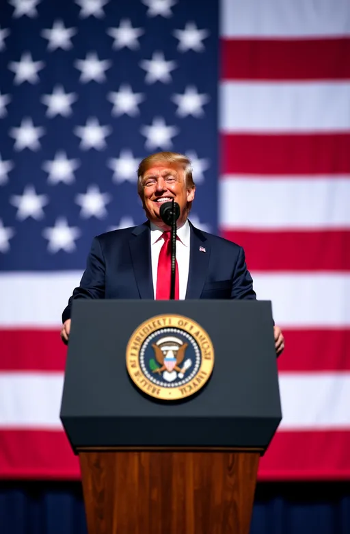 Prompt: (smiling Donald Trump), standing in front of a (huge American flag), positioned at a podium displaying the (Presidential Seal), vibrant (stage lighting), capturing a dynamic and optimistic atmosphere, ultra-detailed features, vivid colors, emphasis on patriotic elements, (high quality) 8K, (photorealistic) professional photography, dramatic yet respectful ambiance.