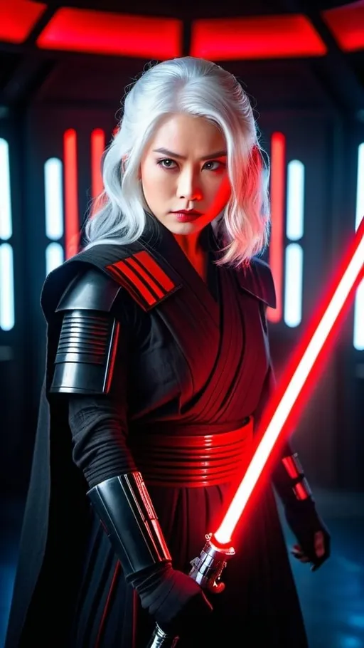 Prompt: Beautiful young Japanese actress, long chalk white hair, vivid gray eyes, black Sith Lord costume, holding glowing red lightsaber, Star Wars hangar bay set, detailed, dynamic aggressive stance, lightsaber held high & ready to strike, cinematic lighting, high-res photography, realistic, intricate details, intense gaze, sci-fi, vibrant colors, dramatic, professional lighting