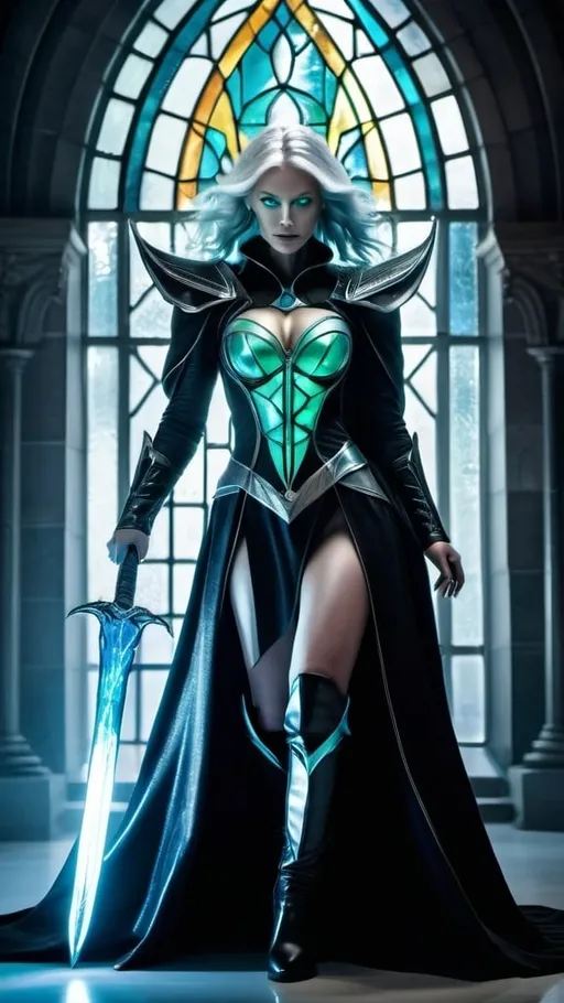 Prompt: Beautiful alien woman made of stained glass, blue-green skin, silver eyes, wearing a flowing black robe and boots, brandishing a glowing silver sword with arcing electricity emanating from the blade, cinematic, sci-fi, high-res, photo, glacial alien world of ice and rock