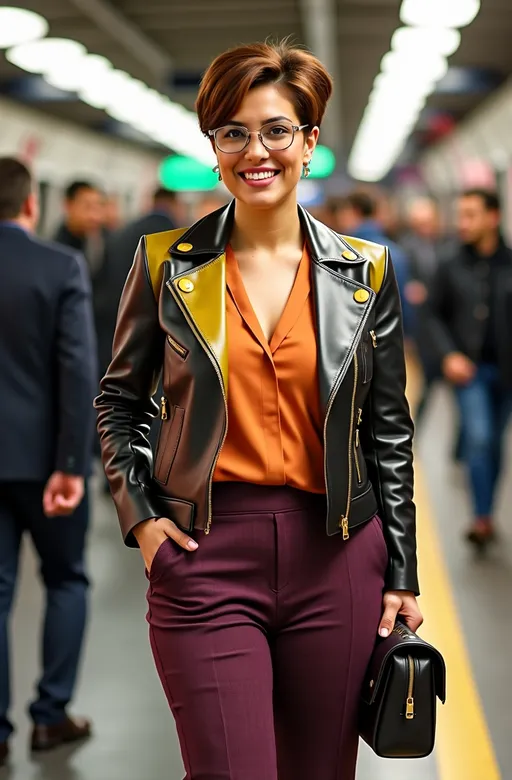 Prompt: photorealistic, 8K resolution, (stunning) tall curvy model, (joyful) expression, flawless diamond face, chestnut pixie hair, striking green eyes, silver (square frame) glasses, colorful geometric pattern leather jacket, apricot blouse, herringbone pattern eggplant culotte, stylish suede boots, leather shoulder bag, emphasize her (ample curvy physique), bustling London Metro station, (highly detailed), dynamic lighting, (vibrant atmosphere), (urban freshness), professional photography quality.