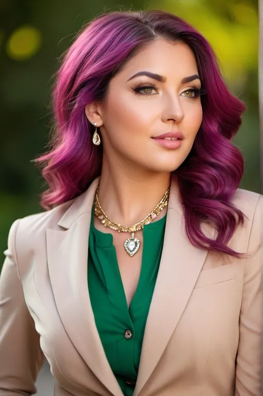 Prompt: Professional head to waist profile of a beautiful olive-skin woman, age 25, curvaceous physique, intricate heart face, long auburn-magenta tinted hair, vibrant green eyes, arched eyebrows, button nose, light makeup, crystal jewels, ((Lavender blazer, beige blouse, khaki skirt)), high-res photo, detailed, realistic, professional, head to waist, vibrant colors, intricate details, high quality, indoor photo, warm light, shoulders turned away from camera, dynamic pose