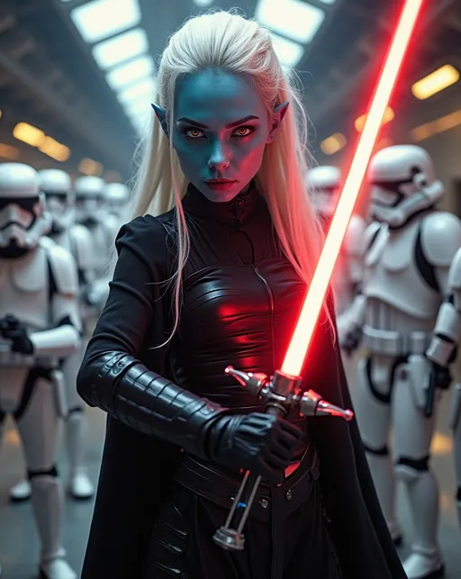 Prompt: Beautiful young blue-skinned alien woman, long chalk white hair, vivid luminous yellow eyes, black Sith Lord robes, black leather bodysuit, armored leggings and boots, holding glowing red lightsaber, Star Wars hangar bay with white clad Storm Troopers in background, detailed, dynamic aggressive stance, lightsaber held high & ready to strike, cinematic lighting, high-res photography, realistic, intricate details, intense gaze, sci-fi, vibrant colors, dramatic, professional lighting