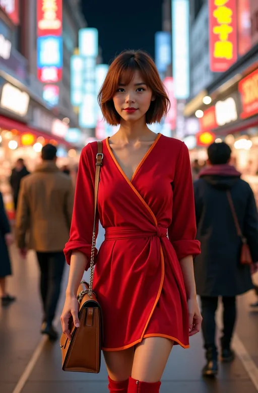 Prompt: photorealistic, Beautiful Japanese woman with (asymmetrical bob cut chestnut hair), (gray eyes), (flawless face), wearing (red wrap dress with orange trim), (curvy figure), (red knee boots), (tan leather purse), walking through (Ginza Market Tokyo), (night scene) filled with (vibrant shop lights), a bustling crowd, (well-lit) ambiance, capturing the lively spirit. High detail & quality, (8k resolution), (professional photography). 