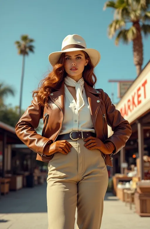 Prompt: (Magazine cover) with Stunningly beautiful (famed adventuress Grace Roemer), standing with heroic confidence in front of Los Angeles Farmer's Market. Her buxom curvy figure is showcased in a (brown leather jacket), (white silk blouse), (khaki slacks), and (tan leather boots & gloves), a (jauntily worn white Panama Hat) & white scarf contrasts against her silky Auburn hair. On a (sunny California day), vibrant blue skies, palm trees gently swaying in the background, 8K resolution, ultra-detailed, high-quality photographic image, capturing the essence of 1930s adventure and resilience.