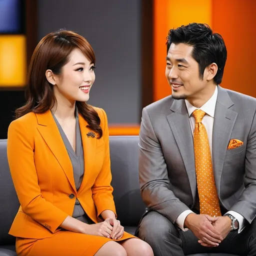 Prompt: Beautiful Japanese TV talk show hostess, yellow blazer, apricot blouse, orange skirt, interviewing a businessman in a gray suit, talk show set, studio lighting, high-res, pro photo, professional, detailed facial features, elegant poses, vibrant colors, realistic lighting, modern talk show, professional quality