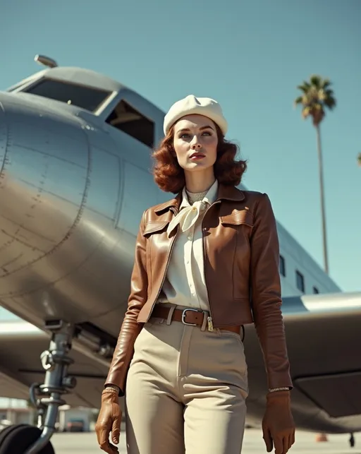 Prompt: Staged publicity photo, Stunningly beautiful (famed aviatrix Skye Weatherly), standing confidently at the Burbank Airport in front of a silver metallic Douglas DC-3. Her buxom curvy figure is showcased in a (brown leather pilot's jacket), (white silk blouse), (khaki slacks), and (tan leather boots & gloves), a (jauntily worn white beret) & scarf contrasts against her silky Auburn hair. Burbank airport on a (sunny California day), vibrant blue skies, palm trees gently swaying in the background, 8K resolution, ultra-detailed, high-quality image, capturing the essence of 1930s adventure and resilience.