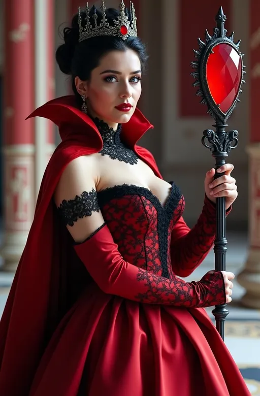 Prompt: Cinematic photo of Beautiful Red Queen, elegant (red silk gown) with high collar, black lace bodice, and (red velvet cape), intricate (black iron and ruby crown), stunning (pale skin), (jet black hair), striking (blue eyes), intense gaze and confident smile, standing proudly, showcasing her curvy buxom figure, in a grand red and white (marble throne room) adorned with (maroon banners) and (tapestries), holding an ornate silver and black scepter with a huge glowing ruby gemstone (pulsing with magic energy), high detail & quality, (8k resolution), beautifully illuminated, highlighting her flawless diamond shaped face and piercing eyes, capturing her confidence grace and power, dramatic atmosphere, regal ambiance.