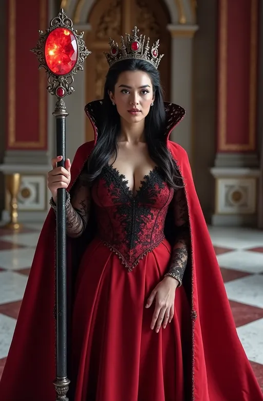 Prompt: Cinematic photo of Beautiful Red Queen, elegant (red silk gown) with high collar, black lace bodice, and (red velvet cape), intricate (black iron and ruby crown), stunning (pale skin), (jet black hair), striking (blue eyes), intense gaze and confident smile, standing proudly, showcasing her curvy buxom figure, in a grand red and white (marble throne room) adorned with (maroon banners) and (tapestries), holding an ornate silver and black scepter with a huge glowing ruby gemstone (pulsing with magic energy), high detail & quality, (8k resolution), beautifully illuminated, highlighting her flawless diamond shaped face and piercing eyes, capturing her confidence grace and power, dramatic atmosphere, regal ambiance.