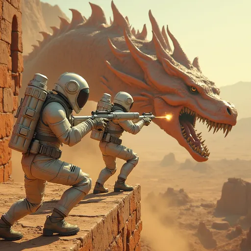 Prompt: Two ruggedly handsome Astro-Marines, dynamic poses, full white and metallic gray spacesuits, life support backpacks, and helmets with raised visors, crouching atop a stone-ceramic-steel alien city wall firing sleek white and metallic silver battle rifles at a huge monstrous orange & red Martian Sand-Dragon, (cinematic photo), dusty yellow-red Martian landscape in the background, capturing the unique mix of organic and geometric shapes in the alien cityscape, high depth, dramatic lighting, 8k ultra-detailed, high quality.