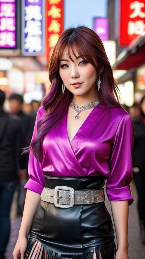 Prompt: Beautiful Japanese woman, long auburn & purple hair, gray eyes, intricate diamond face, upturned nose, purple makeup, Magenta satin blouse, black leather skirt with fringe detail, white belt, black boots, standing in a crowded shopping street, neon signs, warm light, high-res, pro photo, detailed features, warm lighting