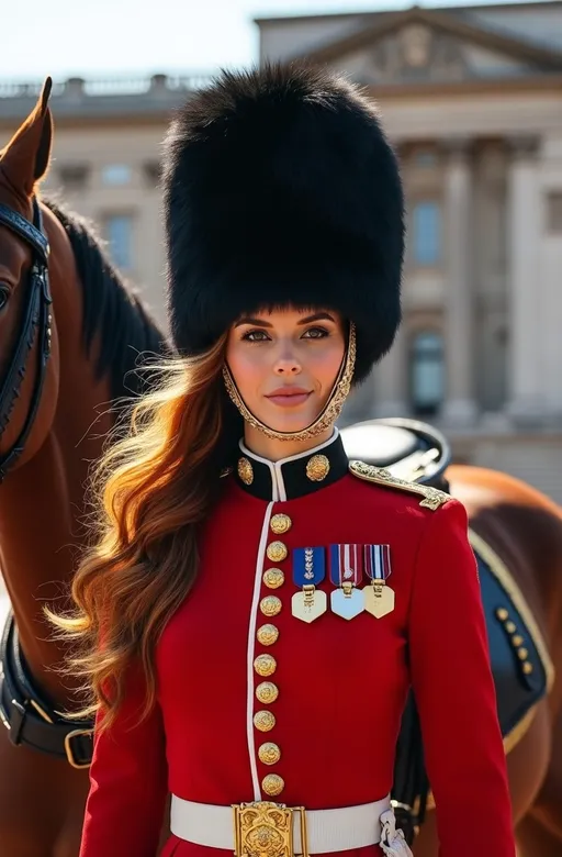 Prompt: (Photorealistic) Gorgeous Palace Guard woman, (traditional beefeater costume), (bearskin hat), standing proudly beside a huge horse, ornately saddled with elegant leather tack, silky cinnamon-auburn hair flowing in the breeze, bright sunny day ambiance, iconic Buckingham Palace gate in the background, rich color contrast with vibrant tones, ultra-detailed, 8K, high-quality professional photograph, capturing the grandeur and regality of the scene.