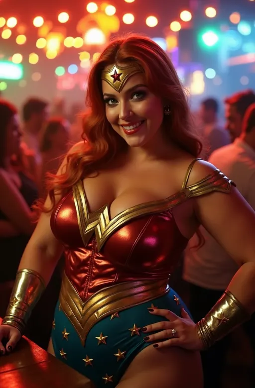 Prompt: Beautiful plus-size college girl (in a striking Wonder Woman costume), silky auburn hair, bright green eyes, (festive party vibe) at a crowded, lively bar, (vibrant lights) illuminating the scene, emphasis on her plump physique, high-detail atmosphere, (8K resolution), photorealistic, dynamic crowd interactions, cheerful ambiance, capturing the excitement of Halloween, professional photography style, showcasing vivid colors and engaging expressions, (intricate costume details) reflecting the iconic superhero theme.