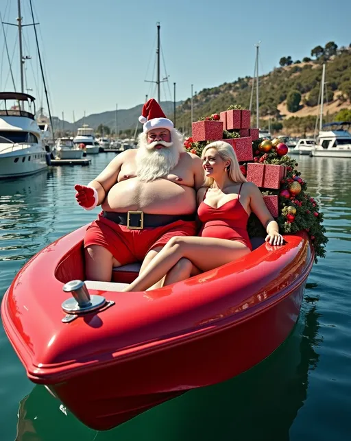 Prompt: Postcard Photo of obese Santa Claus in red swim trunks sitting next to a beautiful platinum haired Mrs. Santa Claus in a red swimsuit sitting in a big red speedboat overflowing with wrapped Christmas presents, boat is decorated with garlands ornaments and colored lights, Santa is driving the boat in a sunny California marina,  emphasize subject's jolly fat obese physique, feature natural folds and bulges of flab, showcasing a whimsical humorous postcard scene, essence of Christmas holiday spirit, capturing the humor of the composition and setting, high detail & quality, 8k, pro photo