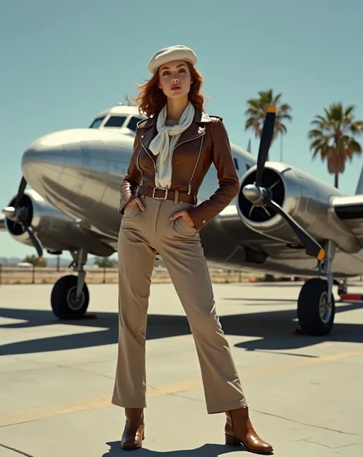 Prompt: Staged publicity photo, Stunningly beautiful (famed aviatrix Skye Weatherly), standing heroically at the Burbank Airport in front of a silver metallic Douglas DC-3. Her buxom curvy figure is showcased in a (brown leather pilot's jacket), (white silk blouse), (khaki slacks), and (tan leather boots & gloves), a (jauntily worn white beret) & scarf contrasts against her silky Auburn hair. Burbank airport on a (sunny California day), vibrant blue skies, palm trees gently swaying in the background, 8K resolution, ultra-detailed, high-quality image, capturing the essence of 1930s adventure and resilience.