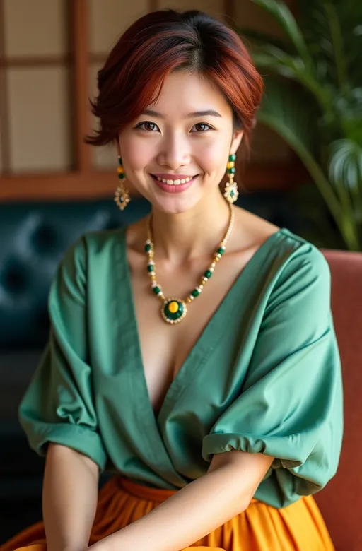 Prompt: Strikingly beautiful plump Japanese girl, age 21, (piercing bright green eyes), (chic pixie-cut chestnut-auburn hair), (gorgeous moon-shaped oriental face), adorned with elegant jewels, dressed in a jade silk blouse and saffron skirt, showcasing her (buxom bosomy full-figure), seated for an ultra-detailed professional portrait, capturing her youthful appeal & gorgeous face, enhanced lighting creating a captivating ambiance, luxurious atmosphere, 8K resolution, high quality, meticulously well-lit to highlight her stunning features & (luminous green eyes).