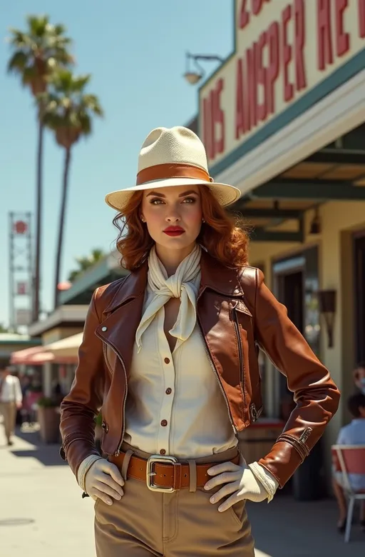 Prompt: (Magazine cover) with Stunningly beautiful (famed adventuress Grace Roemer), standing with heroic confidence in front of Los Angeles Farmer's Market. Her buxom curvy figure is showcased in a (brown leather jacket), (white silk blouse), (khaki slacks), and (tan leather boots & gloves), a (jauntily worn white Panama Hat) & white scarf contrasts against her silky Auburn hair. On a (sunny California day), vibrant blue skies, palm trees gently swaying in the background, 8K resolution, ultra-detailed, high-quality photographic image, capturing the essence of 1930s adventure and resilience.