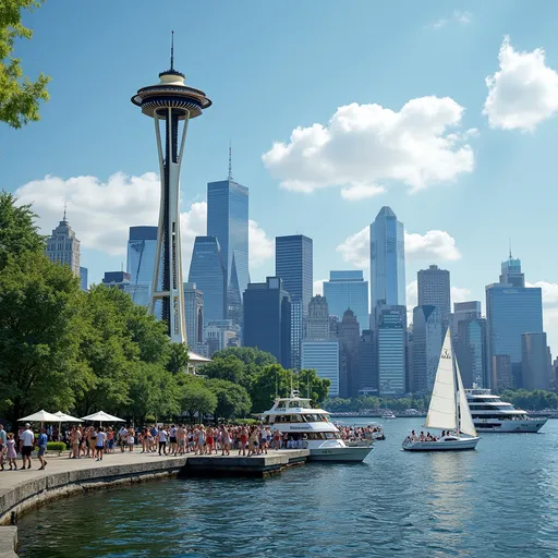 Prompt: Photorealistic image of the lower Manhattan skyline with an exact copy of the majestic Seattle Space Needle in Battery Park, vibrant summer day, cheerful crowds of casually dressed people enjoying the weekend, lively sailboats and ferry boats on the shimmering water, bright blue skies complemented by fluffy white clouds, ultra-detailed, 8K resolution, professional photography with dynamic composition capturing the essence of summer fun.