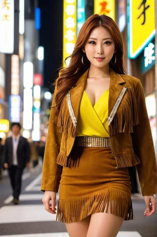 Prompt: Young Japanese woman, vibrant gray eyes, long auburn hair, beautiful diamond face, curvaceous figure, wearing a yellow blouse, brown fringed suede jacket, khaki skirt, brown fashion boots, walking in Tokyo Ginza, night scene, colorful neon lights, photo, high-res, vibrant, urban, Japanese fashion, detailed hair, buxom physique, professional photography, night lights, cityscape, Tokyo, stylish outfit, elegant, modern