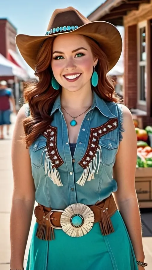 Prompt: Cheerful olive-skin woman, age 21, long reddish chestnut hair, green eyes, plump round face, almond shaped eyes, upturned nose, plum makeup, chambray shirt with bead details, ample curvaceous physique, bosomy, wasp waist, beamy, rounded bottom, leather belt with large silver & turquoise buckle, brown fringed suede skirt, brown cowboy boots, fringed vest with turquoise bead trim, white western hat, shopping a farmers market carrying a canvas market tote, outdoors, sunny day, high-res, pro photo, US southwestern architecture, sharp focus, highly detailed render, perfect hands