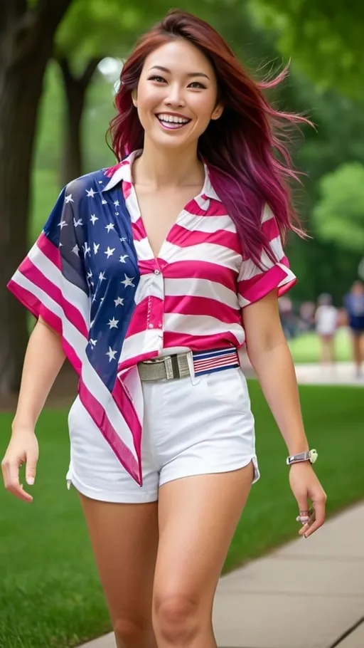 Prompt: Beautiful Japanese|American woman with round face, prominent cheekbones and dimples, vibrant gray eyes, long windblown auburn-magenta tinted hair, walking in a park, US Flag blouse, white city shorts, white belt & sneakers, happy expression, daylight, sharp focus, detailed eyes, natural lighting, patriotic Americana, vibrant colors, outdoor setting, 4th of July theme, realistic, professional photography