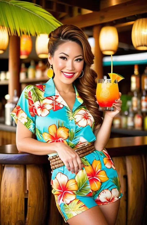 Prompt: (breathtaking Japanese cocktail waitress), mixing vibrant colorful drinks, (tropical tiki bar), sunny outdoor setting, finely carved wooden tikis, lively tiki decorations, creatively arranged tiki mugs, dressed in a tropical print blouse, khaki shorts, stylish sandals, hair styled in an updo, auburn hair with sunlit glints, smiling with a flawless round face, capture her full slightly paunchy figure, bright and cheerful ambiance, (photorealistic, high-res, professional photo), inviting summer vibe.