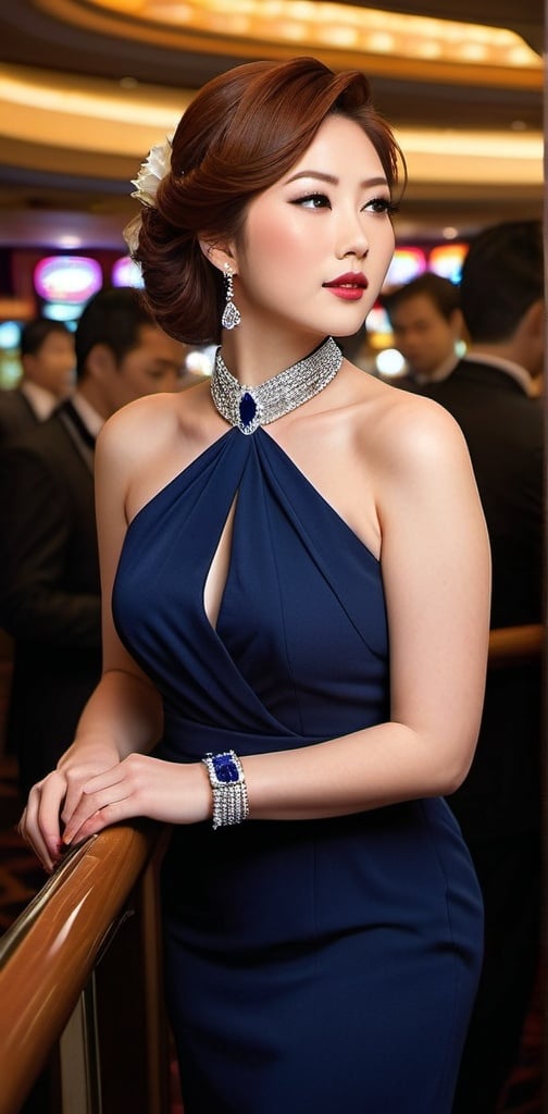 Prompt: Elegant Japanese woman, age 30, flawless skin, auburn hair, gray eyes, almond eyes, beautiful angular face, curvaceous figure, sophisticated white & navy slimline dress, elaborate sapphire choker necklace, standing at the rail of a high end casino, formal dressed crowd, bustling scene, high-res, pro lighting, pro photography