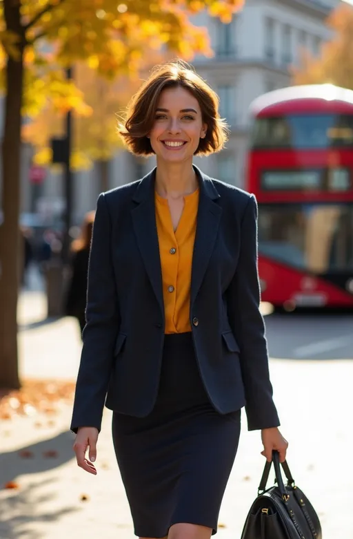 Prompt: (tall strikingly beautiful young English woman), (short chic shag cut chestnut hair), jade green eyes, flawless round face, friendly smile, emphasize her (buxom curvy figure), navy wool tweed blazer, pencil skirt, lemon blouse, black leather fashion boots, black clutch purse, walking in Trafalgar Square London, double decker London bus in background, sunny fall day, crisp autumn leaves, warm sunlight illuminating her features, vibrant atmosphere, (high detail), (8k), (professionally photographed), cinematic depth and clarity.