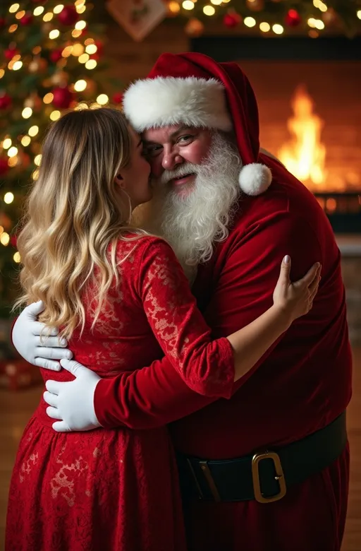 Prompt: A (beautiful blonde-haired woman) dressed in (red lace) hugging (corpulent Santa Claus) in front of a (cozy fireplace), surrounded by a (decorated and lit Christmas tree), capturing a joyful and (playful humorous scene). Emphasize (Jolly obese physique with natural folds and bulges of fat), The atmosphere is warm and festive, with soft glowing lights enhancing the mood. Perfectly composed, with a (photorealistic) quality, showcasing (8K resolution), (high detail), and (professional photo) quality.