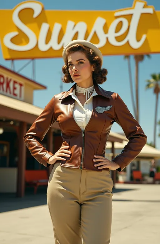 Prompt: (Magazine cover) with yellow banner and white script lettering that reads ("Sunset Magazine"), Stunningly beautiful (famed aviatrix Skye Weatherly), standing with heroic confidence in front of Los Angeles Farmer's Market. Her buxom curvy figure is showcased in a (brown leather bomber jacket) with silver wing insignia, (white silk blouse), (khaki slacks), and (tan leather boots & gloves), a (jauntily worn white beret) & white scarf contrasts against her silky Auburn hair. On a (sunny California day), vibrant blue skies, palm trees gently swaying in the background, 8K resolution, ultra-detailed, high-quality photographic image, capturing the essence of 1930s adventure and resilience.